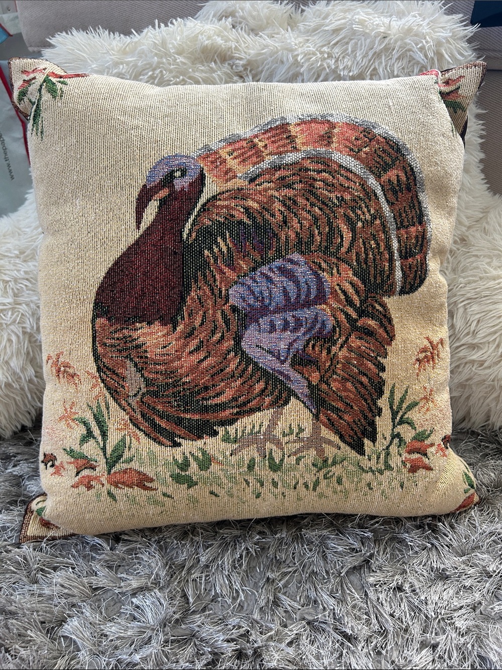 Decorative Thanksgiving Turkey Throw Pillow - Tan and Brown